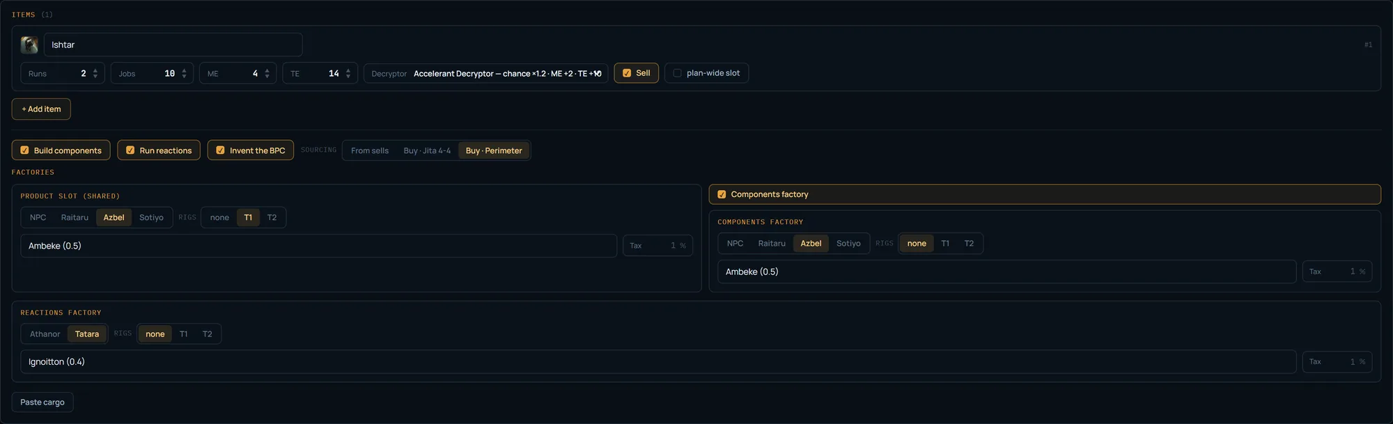 Screenshot of the EVE Mercator plan configurator — a T2 Ishtar target with an Accelerant decryptor (ME 4 / TE 14), the plan-wide “Invent the BPC” toggle on, the “Factories” block