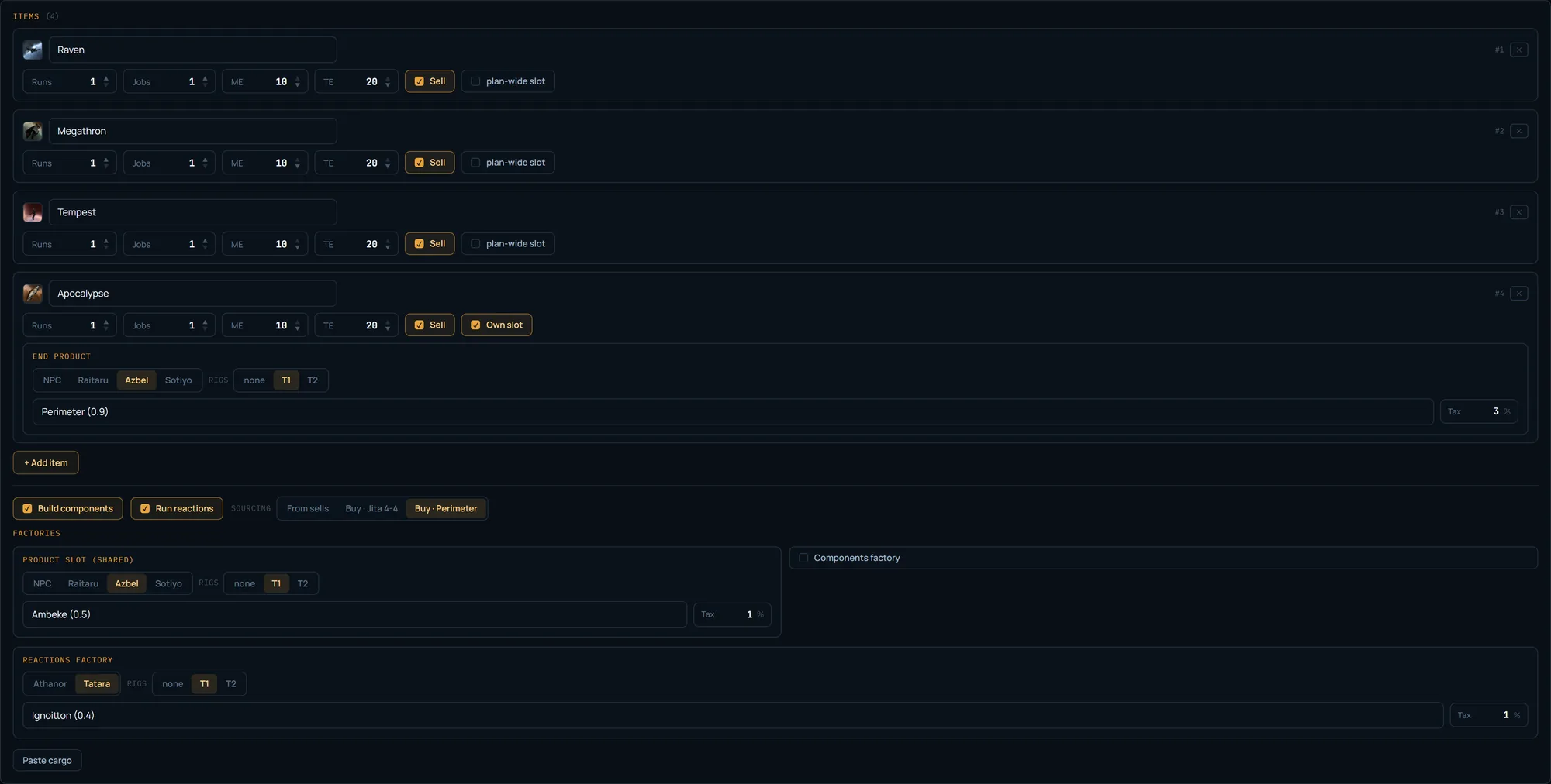 Screenshot of the EVE Mercator plan configurator — a list of four battleships with their own runs/ME and the shared “Factories” block