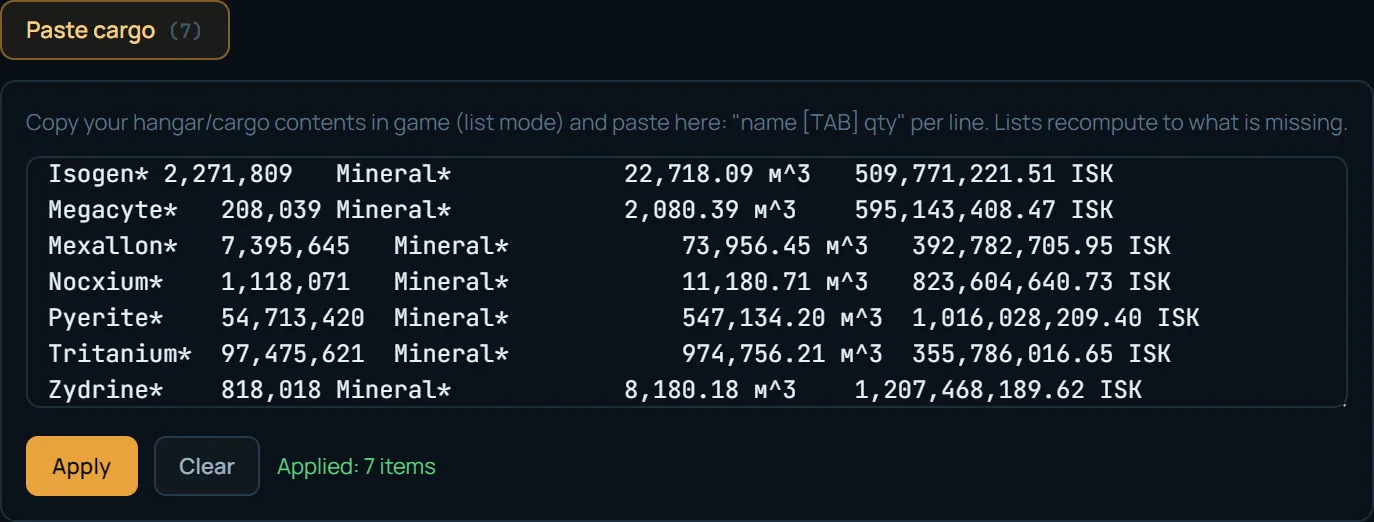 Screenshot of the EVE Mercator cargo paste — hangar contents pasted from the EVE client, 7 mineral rows counted