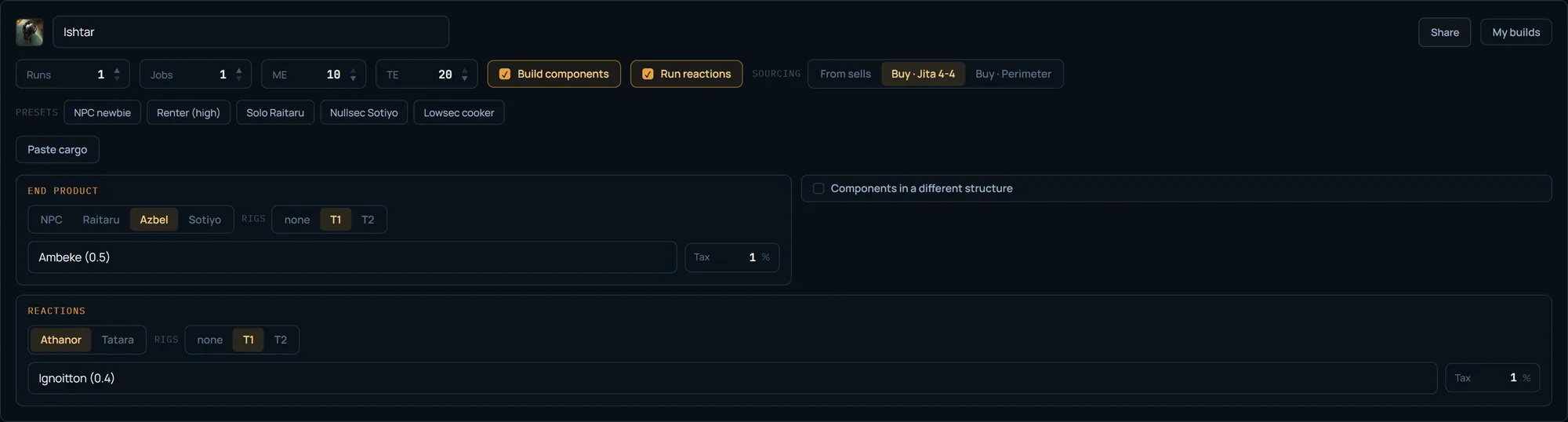 Screenshot of the EVE Mercator manufacturing calculator configurator — Ishtar search, ME/TE fields, build-or-buy toggles, structure slots