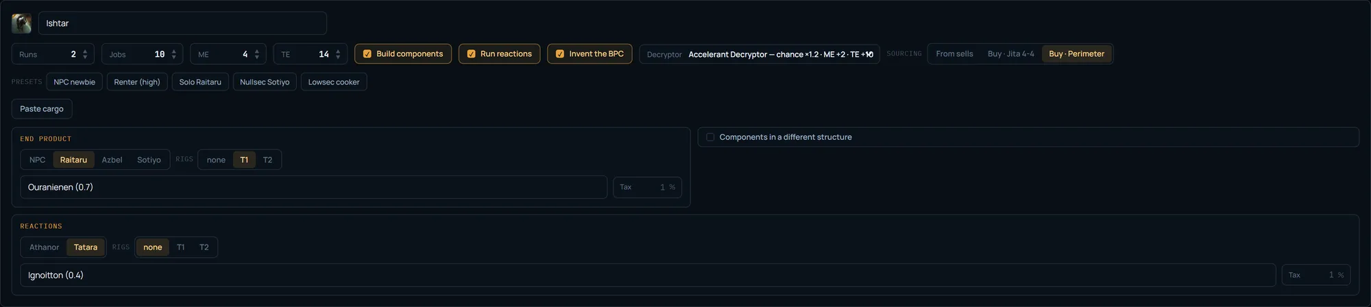 Screenshot of the EVE Mercator calculator configurator in “Single” mode for a T2 Ishtar — the “Invent the BPC” toggle on, an Accelerant decryptor selected, the ME 4 / TE 14 fields auto-filled