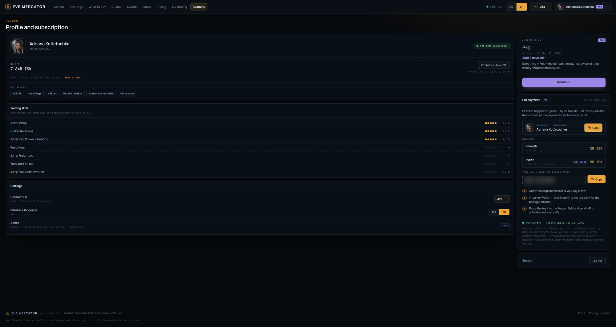 Screenshot of the EVE Mercator “Profile and subscription” page — Pro packages and the payment key (redacted)