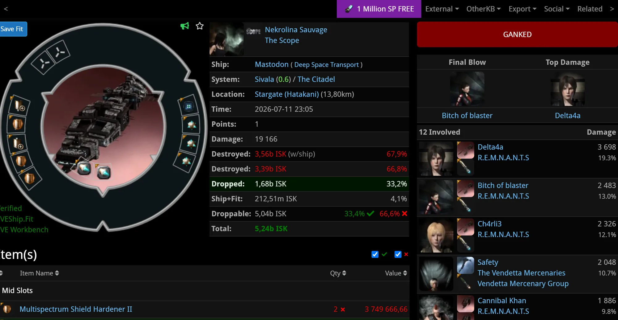 Screenshot of a DST transport killmail from zKillboard — the destroyed anvil, with fleet-hangar cargo dropped as loot
