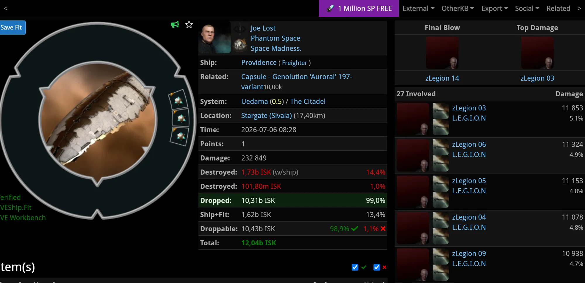 Screenshot of a freighter killmail from zKillboard — more than twenty attacking Catalysts and Tornados against a single hauler