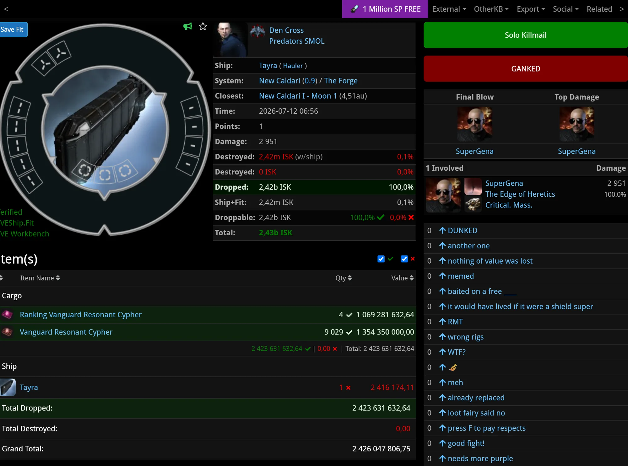 Screenshot of a killmail from zKillboard — a destroyed T1 Iteron hauler carrying several billion ISK of cargo in Uedama